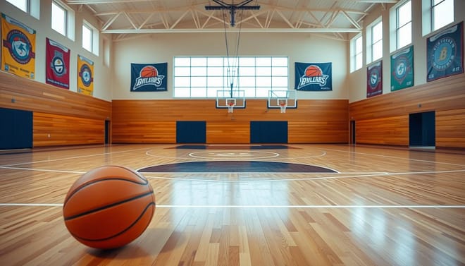 A bright and spacious indoor basketball court at the Bryan Sports Complex, featuring a polished wooden floor with crisp, white court lines. In the foreground, a basketball is positioned near the free-throw line, inviting play. The middle section showcases two sleek, modern basketball hoops with vibrant nets, and the surrounding area is adorned with community banners featuring youth sports logos. In the background, large windows let in natural light, illuminating the court and creating a warm, energetic atmosphere. The image captures the excitement of youth sports, with a focus on movement and activity, showcasing an inviting place for children to enjoy basketball. The angle is slightly elevated, providing a comprehensive view of the court, with a soft focus on the edges to emphasize the central action.