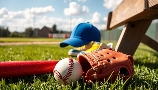 A collection of little league baseball equipment essentials arranged neatly on a grassy field. In the foreground, display a vibrant red baseball bat, a white baseball glove, and a soft leather baseball resting on a wooden bench. In the middle ground, showcase a blue team cap and a pair of brightly colored cleats. The background features a little league baseball diamond under a sunny blue sky, with white fluffy clouds. Soft, natural light illuminates the scene, casting gentle shadows and creating a warm, inviting atmosphere. The camera angle is slightly elevated, providing a clear overview of the equipment while emphasizing the joy and community spirit of youth baseball. A collection of little league baseball equipment essentials arranged neatly on a grassy field. In the foreground, display a vibrant red baseball bat, a white baseball glove, and a soft leather baseball resting on a wooden bench. In the middle ground, showcase a blue team cap and a pair of brightly colored cleats. The background features a little league baseball diamond under a sunny blue sky, with white fluffy clouds. Soft, natural light illuminates the scene, casting gentle shadows and creating a warm, inviting atmosphere. The camera angle is slightly elevated, providing a clear overview of the equipment while emphasizing the joy and community spirit of youth baseball.