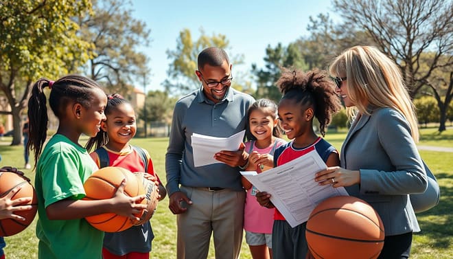 A community sports meeting taking place in a bright and welcoming park. In the foreground, a diverse group of youth athletes, aged 8 to 16, hold sports equipment like soccer balls, basketballs, and baseball gloves, smiling as they discuss opportunities. The middle ground features two adults, a man and a woman, dressed in smart casual attire, engaging with the youth. They are reviewing financial documents and resources to illustrate financial aid options. The background shows clear blue skies with sunlight filtering through trees, providing a warm atmosphere. The scene captures a sense of hope and community support focused on youth engagement in sports, with natural lighting and a slightly elevated angle for depth. A community sports meeting taking place in a bright and welcoming park. In the foreground, a diverse group of youth athletes, aged 8 to 16, hold sports equipment like soccer balls, basketballs, and baseball gloves, smiling as they discuss opportunities. The middle ground features two adults, a man and a woman, dressed in smart casual attire, engaging with the youth. They are reviewing financial documents and resources to illustrate financial aid options. The background shows clear blue skies with sunlight filtering through trees, providing a warm atmosphere. The scene captures a sense of hope and community support focused on youth engagement in sports, with natural lighting and a slightly elevated angle for depth.