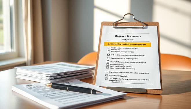 A detailed checklist of required documents for Bryan youth sports programs displayed prominently on a clean, organized table. In the foreground, a neatly arranged stack of registration forms, including a birth certificate, proof of residency, and signed consent agreements, with a stylish pen placed beside them. The middle ground features a clipboard holding a highlighted checklist, giving an impression of thoroughness. In the background, soft natural light pours in from a window, casting gentle shadows that evoke a calm, focused atmosphere for registration. The scene conveys professionalism and clarity, suitable for parents preparing their children's registration, with no people present in the image. Use a warm color palette to enhance the inviting mood. A detailed checklist of required documents for Bryan youth sports programs displayed prominently on a clean, organized table. In the foreground, a neatly arranged stack of registration forms, including a birth certificate, proof of residency, and signed consent agreements, with a stylish pen placed beside them. The middle ground features a clipboard holding a highlighted checklist, giving an impression of thoroughness. In the background, soft natural light pours in from a window, casting gentle shadows that evoke a calm, focused atmosphere for registration. The scene conveys professionalism and clarity, suitable for parents preparing their children's registration, with no people present in the image. Use a warm color palette to enhance the inviting mood.