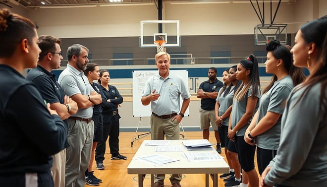 A diverse group of youth sports coaches and staff in a training session, set in a well-lit gymnasium. In the foreground, a middle-aged coach, wearing a polo shirt and khakis, demonstrates a safety protocol while surrounded by attentive staff members of varying ages and ethnicities, all dressed in professional athletic attire. In the middle ground, a whiteboard displays safety guidelines, and training materials are spread out on a table. The background features gym equipment and an indoor sports field, enhancing the athletic atmosphere. The lighting is bright and warm, creating an inviting and focused environment. The overall mood conveys professionalism and teamwork, emphasizing the importance of youth sports safety training. A diverse group of youth sports coaches and staff in a training session, set in a well-lit gymnasium. In the foreground, a middle-aged coach, wearing a polo shirt and khakis, demonstrates a safety protocol while surrounded by attentive staff members of varying ages and ethnicities, all dressed in professional athletic attire. In the middle ground, a whiteboard displays safety guidelines, and training materials are spread out on a table. The background features gym equipment and an indoor sports field, enhancing the athletic atmosphere. The lighting is bright and warm, creating an inviting and focused environment. The overall mood conveys professionalism and teamwork, emphasizing the importance of youth sports safety training.