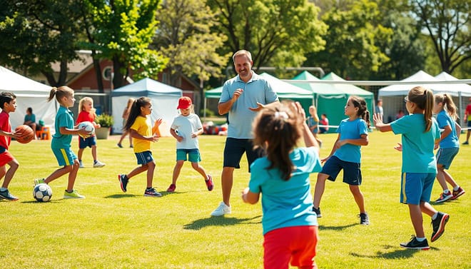 A dynamic and engaging scene depicting kids aged 7-12 practicing transferable athletic fundamentals in a sunny outdoor setting. In the foreground, a diverse group of children, wearing colorful athletic gear, is engaged in various sports activities like passing a soccer ball, dribbling a basketball, and practicing volleyball serves. In the middle ground, a playful coach, dressed in a casual polo and shorts, demonstrates a warm-up exercise, emphasizing teamwork and skill development. The background features a vibrant community sports camp with tents, equipment, and trees, creating a lively atmosphere. The lighting is bright and cheerful, reflecting a carefree, fun environment that promotes confidence and prevents burnout. The angle captures the energy and camaraderie among the children, highlighting the joy of balancing multiple sports. A dynamic and engaging scene depicting kids aged 7-12 practicing transferable athletic fundamentals in a sunny outdoor setting. In the foreground, a diverse group of children, wearing colorful athletic gear, is engaged in various sports activities like passing a soccer ball, dribbling a basketball, and practicing volleyball serves. In the middle ground, a playful coach, dressed in a casual polo and shorts, demonstrates a warm-up exercise, emphasizing teamwork and skill development. The background features a vibrant community sports camp with tents, equipment, and trees, creating a lively atmosphere. The lighting is bright and cheerful, reflecting a carefree, fun environment that promotes confidence and prevents burnout. The angle captures the energy and camaraderie among the children, highlighting the joy of balancing multiple sports.