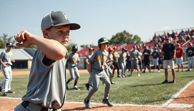 A dynamic baseball competition scene showcasing various age groups engaged in intense practice and gameplay. In the foreground, a young player in a baseball cap and modest sports attire is focused on throwing a pitch to a teammate, displaying determination. The middle ground features a diverse group of players, from youth to slightly older teens, participating in drills, with their coaches offering guidance. The background reveals a vibrant baseball field under clear skies, with cheering spectators and additional players warming up. Soft, natural lighting creates an energetic and motivational atmosphere, highlighting the essence of teamwork and skill development. The angle is slightly elevated, capturing the action from a perspective that emphasizes the competitive spirit. A dynamic baseball competition scene showcasing various age groups engaged in intense practice and gameplay. In the foreground, a young player in a baseball cap and modest sports attire is focused on throwing a pitch to a teammate, displaying determination. The middle ground features a diverse group of players, from youth to slightly older teens, participating in drills, with their coaches offering guidance. The background reveals a vibrant baseball field under clear skies, with cheering spectators and additional players warming up. Soft, natural lighting creates an energetic and motivational atmosphere, highlighting the essence of teamwork and skill development. The angle is slightly elevated, capturing the action from a perspective that emphasizes the competitive spirit.