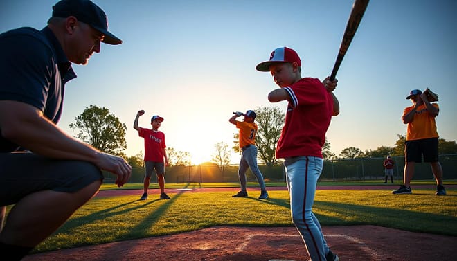 A dynamic scene capturing baseball mentors actively transforming young players on a baseball field. In the foreground, a coach in a navy blue polo shirt and cap, kneeling down, is demonstrating a pitching technique to an eager young player in a red jersey and baseball cap, eyes wide with focus. The middle ground features a few other young players practicing swings, each wearing colorful jerseys, with one coach observing, offering pointers. The background showcases a bright blue sky and lush green trees, while the sun sets, giving a warm golden glow to the field. The atmosphere is filled with energy and enthusiasm, emphasizing guidance and learning, with soft shadows cast by the setting sun, creating a motivating environment. The angle is slightly lower, capturing the action and the camaraderie among the players and mentors.