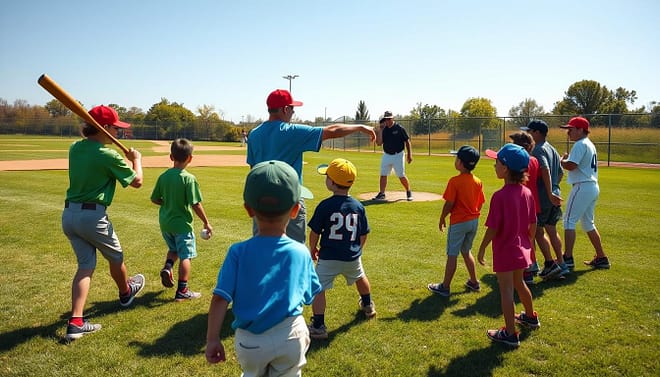 A dynamic scene capturing youth baseball fundamentals drills in a sunny practice field. In the foreground, a diverse group of young players, ages 7-12, wearing colorful baseball uniforms and caps, are engaged in various drills: one is practicing batting with a coach assisting, while another is fielding ground balls. In the middle ground, a coach demonstrates pitching mechanics, emphasizing proper form. The background features baseball diamonds, lush green grass, and a clear blue sky, creating a bright, cheerful atmosphere. The lighting is warm and bright, simulating a late afternoon, with shadows cast to enhance the sense of motion and activity. The overall mood is energetic and focused, highlighting the enjoyment and learning of age-appropriate skills. A dynamic scene capturing youth baseball fundamentals drills in a sunny practice field. In the foreground, a diverse group of young players, ages 7-12, wearing colorful baseball uniforms and caps, are engaged in various drills: one is practicing batting with a coach assisting, while another is fielding ground balls. In the middle ground, a coach demonstrates pitching mechanics, emphasizing proper form. The background features baseball diamonds, lush green grass, and a clear blue sky, creating a bright, cheerful atmosphere. The lighting is warm and bright, simulating a late afternoon, with shadows cast to enhance the sense of motion and activity. The overall mood is energetic and focused, highlighting the enjoyment and learning of age-appropriate skills.