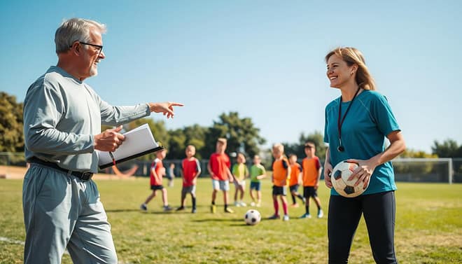 A dynamic scene showcasing youth sports coaches in action during a practice session. In the foreground, two coaches – one male and one female – both dressed in modest, casual athletic attire, are energetically discussing strategy. The male coach, with a clipboard in hand, points towards a small group of young athletes practicing drills. The female coach, with a whistle around her neck, encourages a young player with a bright smile. In the middle ground, a diverse group of children aged 8 to 12, wearing colorful jerseys, are actively engaged in various sports activities, such as dribbling a soccer ball and setting up cones. The background features a well-maintained grassy field under clear blue skies, with trees lining the perimeter. The lighting is warm and inviting, enhancing the collaborative and supportive atmosphere of youth sports development. A dynamic scene showcasing youth sports coaches in action during a practice session. In the foreground, two coaches – one male and one female – both dressed in modest, casual athletic attire, are energetically discussing strategy. The male coach, with a clipboard in hand, points towards a small group of young athletes practicing drills. The female coach, with a whistle around her neck, encourages a young player with a bright smile. In the middle ground, a diverse group of children aged 8 to 12, wearing colorful jerseys, are actively engaged in various sports activities, such as dribbling a soccer ball and setting up cones. The background features a well-maintained grassy field under clear blue skies, with trees lining the perimeter. The lighting is warm and inviting, enhancing the collaborative and supportive atmosphere of youth sports development.