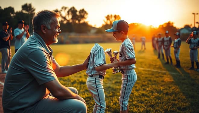 A heartwarming scene depicting a parent and child sharing an emotional moment after a youth baseball game. In the foreground, a father in a casual polo shirt, kneeling down with a proud smile, embraces his son, who is wearing a baseball uniform with a cap, holding a trophy. The middle section showcases a grassy baseball field filled with cheering teammates, some high-fiving and celebrating a recent win. In the background, a sunset casts a warm golden light over the field, creating a nostalgic atmosphere. Soft lens flares enhance the emotional tone, with shallow depth of field focusing on the parent and child. The overall mood is uplifting, showcasing the joy of achievement and support in the journey of baseball.