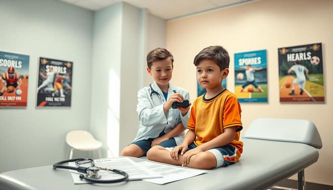 A pediatric health screening scene featuring a child athlete, around 10 years old, sitting on an examination table in a modern clinic. The child, wearing a sports jersey and shorts, looks attentive while a healthcare professional in a lab coat conducts a health assessment. In the foreground, a stethoscope and health charts lay on the table. In the middle, the caregiver is checking the child's heart rate using a pulse oximeter, both showing a focused demeanor. The background features calming pastel-colored walls adorned with motivational sports posters, creating a positive atmosphere. The lighting is bright and natural, sourced from a nearby window, creating an encouraging and safe feel. This image captures the essence of pre-season health screenings for young athletes. A pediatric health screening scene featuring a child athlete, around 10 years old, sitting on an examination table in a modern clinic. The child, wearing a sports jersey and shorts, looks attentive while a healthcare professional in a lab coat conducts a health assessment. In the foreground, a stethoscope and health charts lay on the table. In the middle, the caregiver is checking the child's heart rate using a pulse oximeter, both showing a focused demeanor. The background features calming pastel-colored walls adorned with motivational sports posters, creating a positive atmosphere. The lighting is bright and natural, sourced from a nearby window, creating an encouraging and safe feel. This image captures the essence of pre-season health screenings for young athletes.