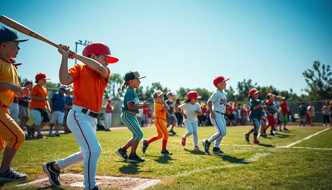 A vibrant Little League baseball scene featuring young players in colorful uniforms, aged around 8-12, fully engaged in a game. In the foreground, a diverse group of children, both boys and girls, are mid-action—one swinging a bat with excitement, while others are poised in ready positions. The middle ground showcases a well-maintained baseball field with a cheering crowd of parents and friends, sporting team colors. In the background, a clear blue sky frames the scene, adding to the lively atmosphere. Soft afternoon sunlight casts warm shadows, enhancing the sense of joy and activity. The lens captures a dynamic angle, emphasizing movement and camaraderie among the players, evoking a spirit of teamwork and youthful exuberance. A vibrant Little League baseball scene featuring young players in colorful uniforms, aged around 8-12, fully engaged in a game. In the foreground, a diverse group of children, both boys and girls, are mid-action—one swinging a bat with excitement, while others are poised in ready positions. The middle ground showcases a well-maintained baseball field with a cheering crowd of parents and friends, sporting team colors. In the background, a clear blue sky frames the scene, adding to the lively atmosphere. Soft afternoon sunlight casts warm shadows, enhancing the sense of joy and activity. The lens captures a dynamic angle, emphasizing movement and camaraderie among the players, evoking a spirit of teamwork and youthful exuberance.