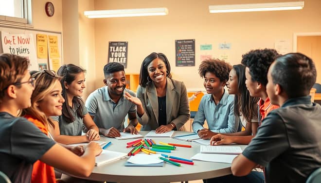 A vibrant and engaging scene depicting a youth coaching life skills development session. In the foreground, a diverse group of young people, aged 12-16, are engaged in a collaborative discussion, showcasing expressions of curiosity and enthusiasm. They are dressed in smart casual clothing, like polos and jeans, while seated around a round table scattered with notebooks and colorful markers. In the middle, a dedicated coach, a Black woman in professional attire, guides the conversation with an inviting smile, using hand gestures to emphasize key points. The background features a bright, well-lit classroom with motivational posters on the walls and large windows allowing warm, natural light to fill the space. The atmosphere is uplifting and supportive, conveying a sense of community and empowerment in learning life skills.