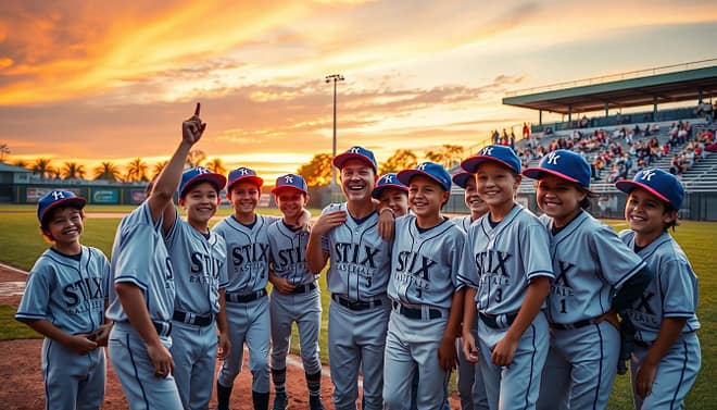 A vibrant baseball field scene at sunset, capturing an inspiring moment of success and community. In the foreground, a diverse group of young baseball players, dressed in Stix Baseball Club uniforms, celebrate together, their faces beaming with joy and accomplishment. The middle ground features a coach, wearing casual sports attire, encouraging the players with a proud smile. In the background, a warm sky painted with oranges and purples sets a hopeful tone, while the stands are filled with families watching with pride. Soft, golden lighting creates a nostalgic atmosphere, emphasizing the themes of teamwork and motivation. The shot is from a slightly low angle to elevate the players’ triumph, evoking a sense of aspiration and community support.