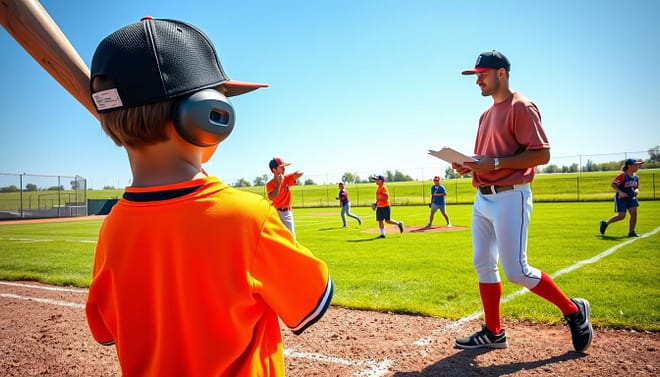 A vibrant baseball skills assessment scene set on a training field, showcasing young players in a dynamic environment. In the foreground, a focused youth wearing a bright jersey practices batting, with a coach observing closely, taking notes on a clipboard. The middle ground features other players engaging in various activities: fielding grounders, throwing drills, and running bases, all clad in modest, colorful athletic wear. The background displays lush green outfield grass under a clear blue sky, illuminated by warm afternoon sunlight, adding a sense of optimism and energy to the scene. The image captures excitement and determination, reflecting the importance of individual assessments in skill development. Use a slightly elevated angle to create depth and emphasize the action. A vibrant baseball skills assessment scene set on a training field, showcasing young players in a dynamic environment. In the foreground, a focused youth wearing a bright jersey practices batting, with a coach observing closely, taking notes on a clipboard. The middle ground features other players engaging in various activities: fielding grounders, throwing drills, and running bases, all clad in modest, colorful athletic wear. The background displays lush green outfield grass under a clear blue sky, illuminated by warm afternoon sunlight, adding a sense of optimism and energy to the scene. The image captures excitement and determination, reflecting the importance of individual assessments in skill development. Use a slightly elevated angle to create depth and emphasize the action.