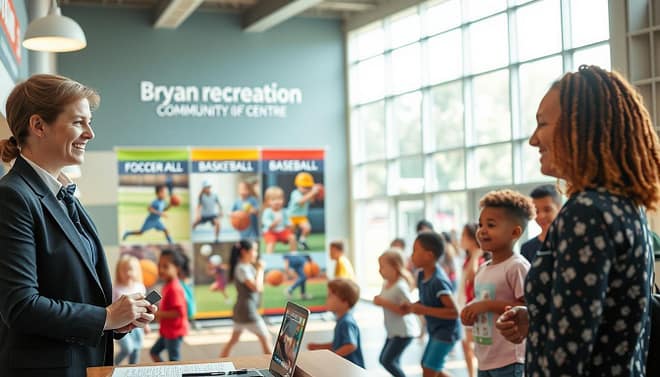 A vibrant community center scene showcasing a Bryan recreation registration booth for youth sports programs. In the foreground, a friendly, professional staff member in smart casual attire assists a parent, who is considering program options. The middle ground features colorful banners displaying various sports like soccer, basketball, and baseball, with images of young athletes engaged in action. In the background, cheerful children of diverse backgrounds play and socialize, highlighting a sense of community. Bright, natural lighting filters through large windows, creating an inviting atmosphere. The camera angle is slightly elevated, capturing the bustling scene while emphasizing the registration booth as the focal point. A vibrant community center scene showcasing a Bryan recreation registration booth for youth sports programs. In the foreground, a friendly, professional staff member in smart casual attire assists a parent, who is considering program options. The middle ground features colorful banners displaying various sports like soccer, basketball, and baseball, with images of young athletes engaged in action. In the background, cheerful children of diverse backgrounds play and socialize, highlighting a sense of community. Bright, natural lighting filters through large windows, creating an inviting atmosphere. The camera angle is slightly elevated, capturing the bustling scene while emphasizing the registration booth as the focal point.