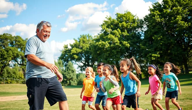 A vibrant outdoor scene featuring a volunteer coach engaging with a group of diverse children actively playing a recreational sport in a local park setting. In the foreground, the coach, a middle-aged person in casual athletic wear, is energetically demonstrating a skill, smiling and encouraging the kids. The middle ground showcases the children, aged 8-12, wearing colorful athletic uniforms, showing excitement as they participate in the activity. The background reveals green park trees and a bright blue sky with soft, fluffy clouds, creating a lively atmosphere. The lighting is warm and inviting, reflecting the afternoon sun. The overall mood is joyful and supportive, highlighting community involvement and teamwork in youth athletics. A vibrant outdoor scene featuring a volunteer coach engaging with a group of diverse children actively playing a recreational sport in a local park setting. In the foreground, the coach, a middle-aged person in casual athletic wear, is energetically demonstrating a skill, smiling and encouraging the kids. The middle ground showcases the children, aged 8-12, wearing colorful athletic uniforms, showing excitement as they participate in the activity. The background reveals green park trees and a bright blue sky with soft, fluffy clouds, creating a lively atmosphere. The lighting is warm and inviting, reflecting the afternoon sun. The overall mood is joyful and supportive, highlighting community involvement and teamwork in youth athletics.