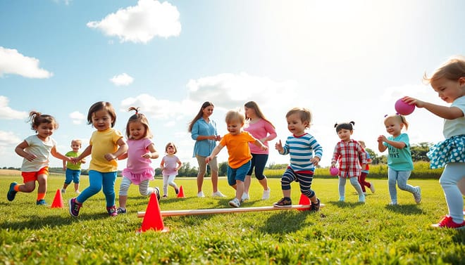A vibrant outdoor scene showcasing toddlers engaged in various athletic activities that promote motor skills and coordination. In the foreground, a diverse group of 3-5 year-olds, wearing bright, comfortable clothing, are cheerfully participating in activities like running with mini cones, balancing on a low beam, and throwing soft balls. The middle ground features a parent or coach encouraging a child, highlighting the supportive environment. In the background, an open grassy field under a clear blue sky with fluffy white clouds enhances the joyful atmosphere. Soft, warm sunlight filters through, casting gentle shadows. The overall mood is energetic and encouraging, capturing the essence of playful learning and development. A vibrant outdoor scene showcasing toddlers engaged in various athletic activities that promote motor skills and coordination. In the foreground, a diverse group of 3-5 year-olds, wearing bright, comfortable clothing, are cheerfully participating in activities like running with mini cones, balancing on a low beam, and throwing soft balls. The middle ground features a parent or coach encouraging a child, highlighting the supportive environment. In the background, an open grassy field under a clear blue sky with fluffy white clouds enhances the joyful atmosphere. Soft, warm sunlight filters through, casting gentle shadows. The overall mood is energetic and encouraging, capturing the essence of playful learning and development.