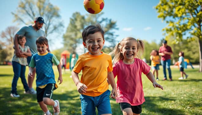 A vibrant park scene filled with excitement and joy, featuring a group of enthusiastic young children, ages 3-5, engaged in beginner sports activities like soccer and throwing a ball. In the foreground, two small children, a boy and a girl, laugh and play while wearing colorful sports jerseys and comfortable shorts, radiating confidence and enjoyment. The middle ground shows other kids participating in a friendly game, surrounded by cheerful parents and coaches encouraging them. The background features a sunny blue sky, green grass, and colorful playground equipment, creating a lively atmosphere. Use natural lighting to enhance the warmth of the scene, captured from a low angle to showcase the children's joyful expressions and action, conveying an overall feeling of fun and positive energy. A vibrant park scene filled with excitement and joy, featuring a group of enthusiastic young children, ages 3-5, engaged in beginner sports activities like soccer and throwing a ball. In the foreground, two small children, a boy and a girl, laugh and play while wearing colorful sports jerseys and comfortable shorts, radiating confidence and enjoyment. The middle ground shows other kids participating in a friendly game, surrounded by cheerful parents and coaches encouraging them. The background features a sunny blue sky, green grass, and colorful playground equipment, creating a lively atmosphere. Use natural lighting to enhance the warmth of the scene, captured from a low angle to showcase the children's joyful expressions and action, conveying an overall feeling of fun and positive energy.