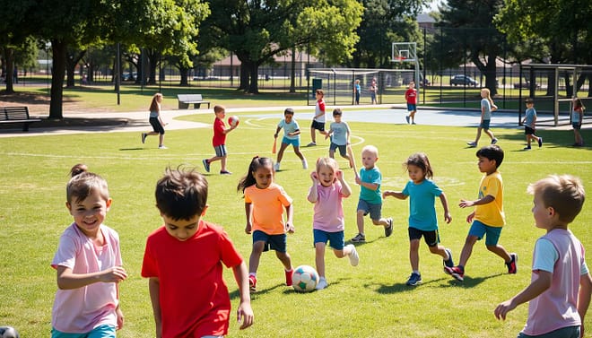 A vibrant park setting showcasing a diverse group of children engaged in various sports activities grouped by age. In the foreground, a cheerful group of 8-10-year-olds plays soccer, their colorful jerseys bright against the green grass. In the middle ground, younger kids around 5-7 years are playing T-ball with oversized bats and balls, while nearby, a group of pre-teens, aged 11-13, practices basketball at a nearby court. The background features well-maintained park facilities with benches and shaded trees. The lighting is bright and sunny, creating a warm and inviting atmosphere. Use a wide-angle lens to capture the lively interactions among the children, emphasizing the joy and energy of youth athletics in a community park. A vibrant park setting showcasing a diverse group of children engaged in various sports activities grouped by age. In the foreground, a cheerful group of 8-10-year-olds plays soccer, their colorful jerseys bright against the green grass. In the middle ground, younger kids around 5-7 years are playing T-ball with oversized bats and balls, while nearby, a group of pre-teens, aged 11-13, practices basketball at a nearby court. The background features well-maintained park facilities with benches and shaded trees. The lighting is bright and sunny, creating a warm and inviting atmosphere. Use a wide-angle lens to capture the lively interactions among the children, emphasizing the joy and energy of youth athletics in a community park.