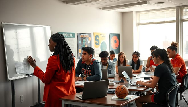 A vibrant scene showcasing a diverse group of high school athletes engaged in an academic meeting in a well-lit classroom setting. In the foreground, a Black female student in professional attire is actively presenting her research on a whiteboard, while a Hispanic male student takes notes at a desk. In the middle, various students of different ethnicities are collaborating, some working on laptops, others discussing in small groups, all surrounded by sports equipment like basketballs and footballs symbolizing their athletic commitments. The background features inspirational posters promoting both academic achievement and sportsmanship on the walls. Soft, natural lighting pours in through large windows, creating an uplifting and focused atmosphere that emphasizes the balance between academics and athletics. Shot with a wide-angle lens to capture the collaborative spirit of the environment. A vibrant scene showcasing a diverse group of high school athletes engaged in an academic meeting in a well-lit classroom setting. In the foreground, a Black female student in professional attire is actively presenting her research on a whiteboard, while a Hispanic male student takes notes at a desk. In the middle, various students of different ethnicities are collaborating, some working on laptops, others discussing in small groups, all surrounded by sports equipment like basketballs and footballs symbolizing their athletic commitments. The background features inspirational posters promoting both academic achievement and sportsmanship on the walls. Soft, natural lighting pours in through large windows, creating an uplifting and focused atmosphere that emphasizes the balance between academics and athletics. Shot with a wide-angle lens to capture the collaborative spirit of the environment.