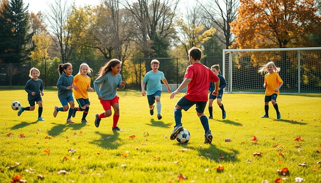 A vibrant soccer field transitioning between spring and fall seasons, showcasing lush green grass sprinkled with colorful fall leaves. In the foreground, a diverse group of young players in modest athletic gear are engaged in practice: dribbling, passing, and smiling. The middle ground features a coach, encouraging teamwork, with one player preparing to take a shot at the goal. In the background, soft sunlight filters through trees, casting a warm glow on the scene. The image captures a sense of camaraderie and growth, reflecting the seasonal changes while highlighting the joy and character-building aspects of youth soccer. The atmosphere is lively and inspirational, perfect for a community-focused setting, shot at eye level with a slight depth of field to enhance the players' actions.