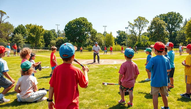 A vibrant youth baseball camp scene featuring kids aged 7-12 engaged in various activities. In the foreground, a diverse group of children, wearing colorful baseball jerseys and caps, are practicing hitting and throwing on a well-maintained grass field. Some are gathered around a coach demonstrating techniques, while others are playing catch. In the middle ground, a baseball diamond with bases is clearly visible, surrounded by equipment like bats, gloves, and balls scattered around. The background showcases trees and a clear blue sky, enhancing the bright and cheerful atmosphere of a summer day. Soft, warm sunlight creates a lively mood, highlighting the excitement and camaraderie among young players. No text or logos. A vibrant youth baseball camp scene featuring kids aged 7-12 engaged in various activities. In the foreground, a diverse group of children, wearing colorful baseball jerseys and caps, are practicing hitting and throwing on a well-maintained grass field. Some are gathered around a coach demonstrating techniques, while others are playing catch. In the middle ground, a baseball diamond with bases is clearly visible, surrounded by equipment like bats, gloves, and balls scattered around. The background showcases trees and a clear blue sky, enhancing the bright and cheerful atmosphere of a summer day. Soft, warm sunlight creates a lively mood, highlighting the excitement and camaraderie among young players. No text or logos.