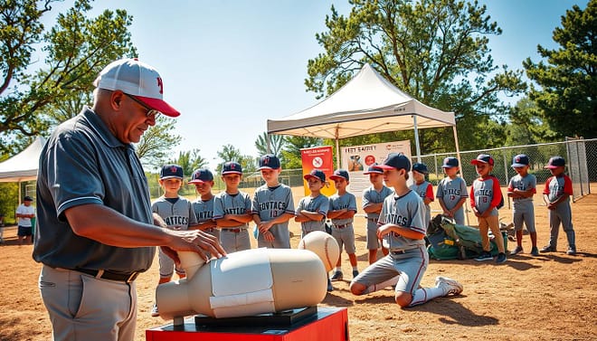 A vibrant youth baseball camp scene showcasing safety protocols. In the foreground, a coach in a professional polo shirt demonstrates first aid techniques on a detailed mannequin. The middle ground features attentive young athletes, dressed in modest sports uniforms, practicing safe baseball techniques while listening intently. In the background, a weather-appropriate tent provides shade, with a visible heat safety poster and a first aid kit prominently displayed. The scene is illuminated by warm, natural sunlight to convey a cheerful atmosphere, with trees lining the edges of the camp area and a blue sky overhead. The focus should be on teamwork and learning, highlighting the importance of safety in a fun, active environment. A vibrant youth baseball camp scene showcasing safety protocols. In the foreground, a coach in a professional polo shirt demonstrates first aid techniques on a detailed mannequin. The middle ground features attentive young athletes, dressed in modest sports uniforms, practicing safe baseball techniques while listening intently. In the background, a weather-appropriate tent provides shade, with a visible heat safety poster and a first aid kit prominently displayed. The scene is illuminated by warm, natural sunlight to convey a cheerful atmosphere, with trees lining the edges of the camp area and a blue sky overhead. The focus should be on teamwork and learning, highlighting the importance of safety in a fun, active environment.