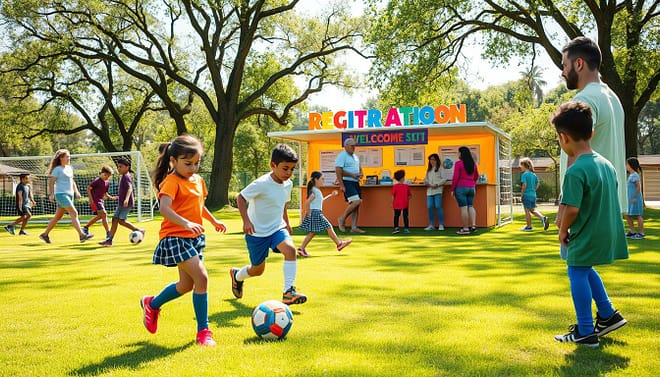 A vibrant youth soccer registration event in a sunny park setting, featuring children of diverse backgrounds participating in skill development activities. In the foreground, a young girl dribbles a soccer ball with focused determination, while a boy practices passing with a coach assisting him. In the middle ground, a lively registration booth decorated with colorful banners showcases friendly staff welcoming parents and players. The background includes a grassy soccer field with goals, trees casting dappled sunlight, and other kids participating in drills, fostering a sense of teamwork and enthusiasm. The atmosphere is cheerful and energetic, capturing the spirit of learning and growth. Use bright, natural lighting to enhance the joyful mood, as if shot with a 24mm lens from a slight upward angle, emphasizing the action and engagement of the children.