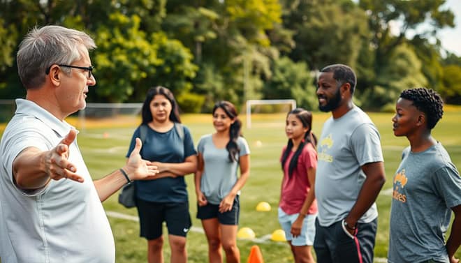 A volunteer youth sports coach, a middle-aged Caucasian man, engages in focused conversation with concerned parents on a grassy field, embodying active communication. In the foreground, the coach, wearing a casual polo shirt and shorts, gestures with an open hand, displaying warmth and approachability. The parents, a diverse group of four including an Asian woman and a Black man, listen attentively, showcasing a mix of expressions from curiosity to reassurance. In the middle ground, soccer nets and colorful cones are scattered, enhancing the sports environment. In the background, a sunny day casts a soft, inviting light, with trees lining the field, creating a sense of community and collaboration. The mood is positive and constructive, capturing an essence of teamwork and inclusiveness. A volunteer youth sports coach, a middle-aged Caucasian man, engages in focused conversation with concerned parents on a grassy field, embodying active communication. In the foreground, the coach, wearing a casual polo shirt and shorts, gestures with an open hand, displaying warmth and approachability. The parents, a diverse group of four including an Asian woman and a Black man, listen attentively, showcasing a mix of expressions from curiosity to reassurance. In the middle ground, soccer nets and colorful cones are scattered, enhancing the sports environment. In the background, a sunny day casts a soft, inviting light, with trees lining the field, creating a sense of community and collaboration. The mood is positive and constructive, capturing an essence of teamwork and inclusiveness.