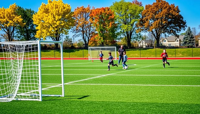 A well-maintained youth soccer field in Bryan, showcasing a vibrant green pitch marked with clear, standard field lines. In the foreground, a tiny soccer goal sits with a bright white net. Players in modest athletic clothing are practicing dribbling drills, embodying excitement and energy. In the middle ground, a well-organized set of practice cones and training equipment enhances the scene, while coaches encourage the young athletes nearby. The background features additional soccer fields under a clear blue sky, with the fall colors of nearby trees providing a warm contrast. The lighting is bright and cheerful, capturing the essence of a sunny day. The image should be shot with a wide-angle lens to encompass the entire facility, inviting viewers into this dynamic and engaging atmosphere.