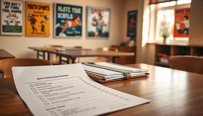 A well-organized sports scholarships documentation checklist laid out on a polished wooden desk. In the foreground, a neatly structured checklist is displayed, featuring bullet points like "Proof of Income," "Student's Athletic Resume," and "Previous Academic Records." In the middle ground, an elegant leather-bound folder rests open, revealing neatly sorted documents. The background showcases a softly blurred classroom setting with motivational posters related to youth sports, emphasizing accessibility and support. Warm, natural lighting filters through a nearby window, creating a welcoming atmosphere. The scene is shot from a slightly elevated angle, making the checklist and documents the focal point while maintaining a professional mood, ideal for highlighting the importance of required documentation for sports scholarships. A well-organized sports scholarships documentation checklist laid out on a polished wooden desk. In the foreground, a neatly structured checklist is displayed, featuring bullet points like "Proof of Income," "Student's Athletic Resume," and "Previous Academic Records." In the middle ground, an elegant leather-bound folder rests open, revealing neatly sorted documents. The background showcases a softly blurred classroom setting with motivational posters related to youth sports, emphasizing accessibility and support. Warm, natural lighting filters through a nearby window, creating a welcoming atmosphere. The scene is shot from a slightly elevated angle, making the checklist and documents the focal point while maintaining a professional mood, ideal for highlighting the importance of required documentation for sports scholarships.
