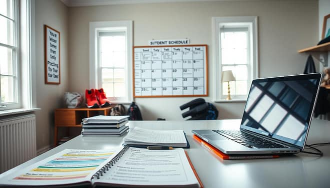 A well-organized study table in a bright, inviting room, showcasing a detailed homework schedule for a student athlete. In the foreground, a neatly arranged planner with color-coded subjects, books, and a laptop open to a study platform. In the middle, a bulletin board filled with motivational quotes and a dry erase calendar highlighting practice times beside study sessions. In the background, a window allowing soft, natural light to illuminate the space, with athletic gear and a gym bag discreetly placed. The atmosphere is focused and balanced, combining the essence of academic dedication with athletic rigor, inspiring productivity and time management. The room is designed to reflect a blend of study and sports, promoting a lifestyle of discipline and achievement. A well-organized study table in a bright, inviting room, showcasing a detailed homework schedule for a student athlete. In the foreground, a neatly arranged planner with color-coded subjects, books, and a laptop open to a study platform. In the middle, a bulletin board filled with motivational quotes and a dry erase calendar highlighting practice times beside study sessions. In the background, a window allowing soft, natural light to illuminate the space, with athletic gear and a gym bag discreetly placed. The atmosphere is focused and balanced, combining the essence of academic dedication with athletic rigor, inspiring productivity and time management. The room is designed to reflect a blend of study and sports, promoting a lifestyle of discipline and achievement.