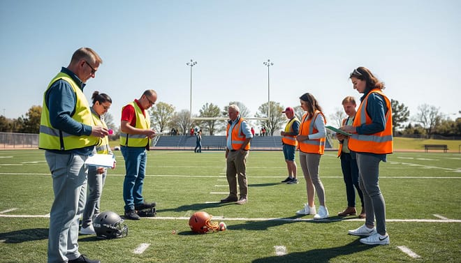 A bright, open sports field under a clear blue sky, with an emphasis on safety checks for equipment. In the foreground, a diverse group of professionals in modest casual clothing, including safety vests, inspecting sports gear like helmets, goalposts, and field markers. In the middle, a well-maintained football field with clearly marked lines and neatly arranged equipment. Tools like clipboards and whistles are visible, signaling structured inspections. In the background, trees and benches provide a serene setting, enhancing the focus on safety. Soft, even natural lighting creates an inviting atmosphere, while a slight depth of field blurs the background, drawing attention to the safety checks being conducted. The image conveys a sense of diligence and professionalism, underscoring importance of safety in sports.