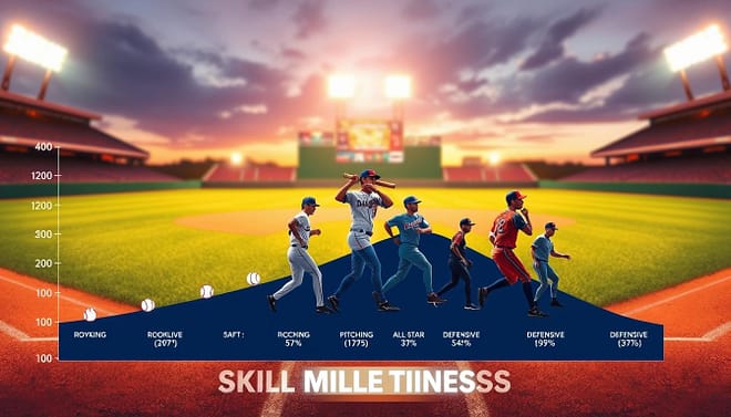 A detailed baseball skill milestones progression chart, vividly illustrated. In the foreground, an engaging line graph displays key skill levels from rookie to all-star, with distinct markers indicating milestones such as batting averages, pitching speeds, and defensive skills. The middle ground features icons representing different player skill levels, depicted in diverse athletic poses wearing professional baseball attire. The background showcases a dynamic baseball field scene, with stadium lights glowing softly at dusk, creating an inspiring atmosphere. The image captures the excitement of progression in the sport, with warm, inviting colors. The overall mood is motivational and focused on achievement, emphasizing growth and development in baseball skills.