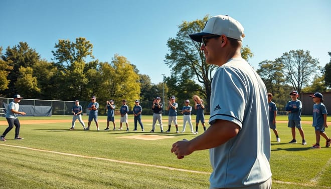 A dynamic baseball academy scene showcasing a diverse group of young athletes engaged in teamwork exercises on a well-maintained field. In the foreground, a coach, wearing a baseball cap and a jersey, demonstrates a drill, emphasizing communication and collaboration. The middle layer features eager young players, including both boys and girls, practicing their throwing and catching skills, all dressed in coordinated team uniforms. In the background, a bright blue sky and lush green trees frame the field, adding a vibrant atmosphere. The image is brightly lit by the afternoon sun, casting soft shadows, and is captured from a low angle to emphasize the players' teamwork and determination. The mood reflects enthusiasm, unity, and the spirit of growth through sports. A dynamic baseball academy scene showcasing a diverse group of young athletes engaged in teamwork exercises on a well-maintained field. In the foreground, a coach, wearing a baseball cap and a jersey, demonstrates a drill, emphasizing communication and collaboration. The middle layer features eager young players, including both boys and girls, practicing their throwing and catching skills, all dressed in coordinated team uniforms. In the background, a bright blue sky and lush green trees frame the field, adding a vibrant atmosphere. The image is brightly lit by the afternoon sun, casting soft shadows, and is captured from a low angle to emphasize the players' teamwork and determination. The mood reflects enthusiasm, unity, and the spirit of growth through sports.