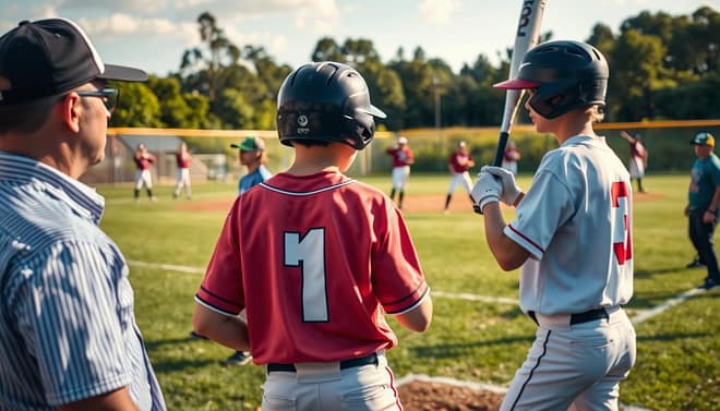 A dynamic baseball field scene showcasing a skill assessment in progress during mid-camp. In the foreground, a dedicated coach, dressed in a smart casual outfit, is demonstrating batting techniques to a focused young player in a baseball uniform, paying close attention to their stance. In the middle, a group of players are engaged in various assessment drills, such as pitching and fielding, each displaying concentration and determination. The background features lush green outfield grass and a clear sky, with soft, warm sunlight casting gentle shadows to enhance the lively atmosphere. Capture this moment from a low angle to emphasize the action and intensity of the assessments, allowing the viewer to feel the energy and initiative of the players aspiring to improve their skills.
