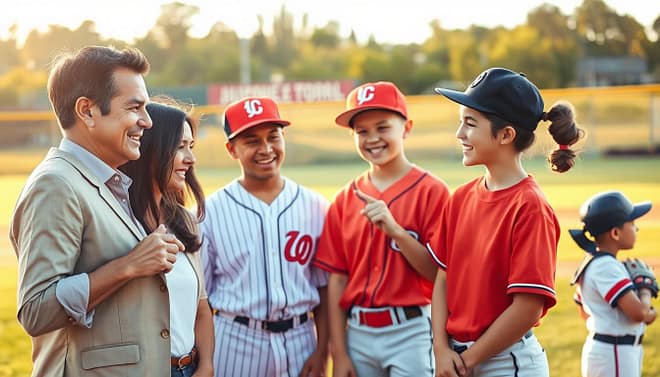 A dynamic scene featuring a diverse group of parents and young baseball players sharing testimonials about the positive life lessons learned through baseball. In the foreground, a mother and father, both in smart casual attire, are smiling while expressing their thoughts. The middle ground showcases two players, a boy and a girl, in baseball uniforms, nodding enthusiastically as they reflect on their experiences. The background reveals a well-maintained baseball field under the warm glow of a late afternoon sun, with gentle shadows casting on the grass. The overall atmosphere is uplifting and inspiring, with a sense of community and growth. Capture the scene with a warm tone, using a soft focus lens to emphasize unity and connection. A dynamic scene featuring a diverse group of parents and young baseball players sharing testimonials about the positive life lessons learned through baseball. In the foreground, a mother and father, both in smart casual attire, are smiling while expressing their thoughts. The middle ground showcases two players, a boy and a girl, in baseball uniforms, nodding enthusiastically as they reflect on their experiences. The background reveals a well-maintained baseball field under the warm glow of a late afternoon sun, with gentle shadows casting on the grass. The overall atmosphere is uplifting and inspiring, with a sense of community and growth. Capture the scene with a warm tone, using a soft focus lens to emphasize unity and connection.