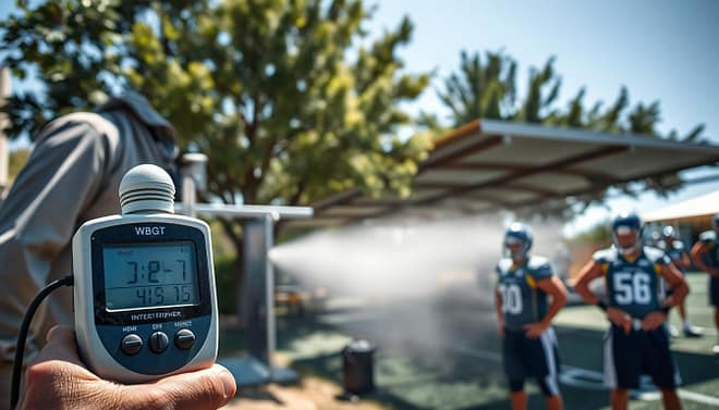 A focused outdoor scene depicting a WBGT (Wet Bulb Globe Temperature) monitoring setup, which includes a professional in modest casual clothing checking a WBGT meter under a sunny sky. In the foreground, the meter displays clear temperature readings, reflecting safety protocols. The middle ground shows a misting system providing relief to nearby athletes, who are hydrated and prepared in professional sports attire. In the background, shade from trees and structures offers a cool environment for team members. The lighting is bright with natural sunlight, casting gentle shadows. The mood is serious yet proactive, emphasizing health and safety, with an atmosphere of vigilance and care for heat illness prevention measures.