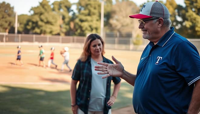 A focused scene depicting a parent and a youth baseball coach engaged in a constructive conversation on a baseball field. In the foreground, the parent, dressed in casual yet neat clothing, displays a friendly expression, actively listening. The coach, wearing a Texas Rangers Academy cap and polo, gestures confidently while discussing strategies. In the middle ground, a baseball diamond is visible with young players practicing in the background, capturing the essence of teamwork and development. Soft afternoon sunlight filters through the trees, casting warm shadows on the field, enhancing the supportive atmosphere. The shot is taken from a slightly low angle, emphasizing the connection and communication between the parent and coach, conveying a sense of community and collaboration in youth sports. A focused scene depicting a parent and a youth baseball coach engaged in a constructive conversation on a baseball field. In the foreground, the parent, dressed in casual yet neat clothing, displays a friendly expression, actively listening. The coach, wearing a Texas Rangers Academy cap and polo, gestures confidently while discussing strategies. In the middle ground, a baseball diamond is visible with young players practicing in the background, capturing the essence of teamwork and development. Soft afternoon sunlight filters through the trees, casting warm shadows on the field, enhancing the supportive atmosphere. The shot is taken from a slightly low angle, emphasizing the connection and communication between the parent and coach, conveying a sense of community and collaboration in youth sports.