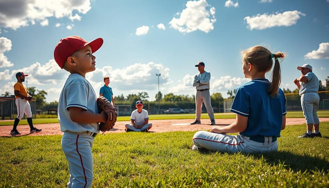 A group of young baseball players, ages 8-12, gathered on a sunlit baseball field, engaged in focused mental visualization exercises. In the foreground, a boy stands with a glove, eyes closed, visualizing a perfect pitch, with a look of determination on his face. Nearby, a girl sits cross-legged on the grass, using her imagination to visualize hitting a home run, a peaceful smile forming on her lips. In the middle ground, a coach demonstrates confidence-building exercises, illustrating techniques with supportive gestures. The background features a bright blue sky, fluffy white clouds, and the baseball diamond, enhancing the vibrant atmosphere. Soft sunlight casts warm highlights over the scene, creating a motivational and inspiring mood, perfect for youth sports development. A group of young baseball players, ages 8-12, gathered on a sunlit baseball field, engaged in focused mental visualization exercises. In the foreground, a boy stands with a glove, eyes closed, visualizing a perfect pitch, with a look of determination on his face. Nearby, a girl sits cross-legged on the grass, using her imagination to visualize hitting a home run, a peaceful smile forming on her lips. In the middle ground, a coach demonstrates confidence-building exercises, illustrating techniques with supportive gestures. The background features a bright blue sky, fluffy white clouds, and the baseball diamond, enhancing the vibrant atmosphere. Soft sunlight casts warm highlights over the scene, creating a motivational and inspiring mood, perfect for youth sports development.