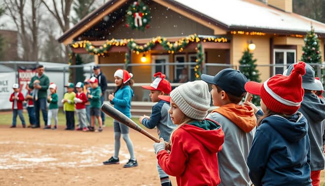 A lively youth baseball camp in a festive holiday theme, featuring children, aged 8-12, participating in various baseball activities. In the foreground, a diverse group of young players in colorful uniforms and holiday-themed hats, like Santa and reindeer, are practicing batting and fielding on a well-maintained baseball diamond. The middle ground showcases enthusiastic coaches guiding the youth, clad in comfortable sportswear, with decorations like Christmas lights and banners in the background. Snow gently falls, adding a magical touch to the scene. The background features a quaint clubhouse decorated with holiday ornaments and trees. The lighting is warm and inviting, capturing a cheerful, spirited atmosphere, while the angle is slightly elevated to capture the action and joy of the event. A lively youth baseball camp in a festive holiday theme, featuring children, aged 8-12, participating in various baseball activities. In the foreground, a diverse group of young players in colorful uniforms and holiday-themed hats, like Santa and reindeer, are practicing batting and fielding on a well-maintained baseball diamond. The middle ground showcases enthusiastic coaches guiding the youth, clad in comfortable sportswear, with decorations like Christmas lights and banners in the background. Snow gently falls, adding a magical touch to the scene. The background features a quaint clubhouse decorated with holiday ornaments and trees. The lighting is warm and inviting, capturing a cheerful, spirited atmosphere, while the angle is slightly elevated to capture the action and joy of the event.