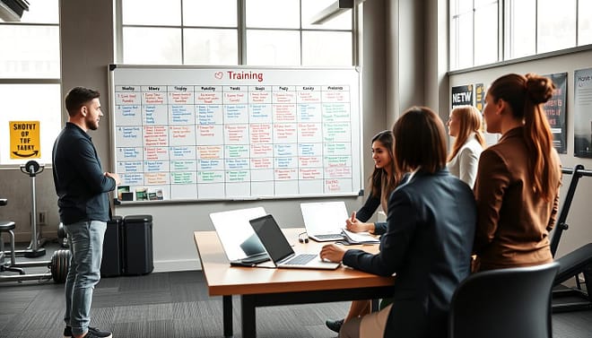 A modern, organized indoor setting showcasing a training schedule optimization space. In the foreground, a large wall-mounted whiteboard displays a colorful, detailed training schedule complete with time slots, activities, and goals. In the middle, a group of diverse individuals—male and female, dressed in smart casual attire—collaborate around a table with laptops and notebooks, discussing their strategies for short training sessions. The background features a well-equipped training room, with exercise equipment and motivational posters on the walls. Soft, diffused natural light filters through large windows, creating a bright and inspiring atmosphere. The scene conveys a sense of teamwork, focus, and dedication, perfect for maintaining skills during off-season and holiday training. A modern, organized indoor setting showcasing a training schedule optimization space. In the foreground, a large wall-mounted whiteboard displays a colorful, detailed training schedule complete with time slots, activities, and goals. In the middle, a group of diverse individuals—male and female, dressed in smart casual attire—collaborate around a table with laptops and notebooks, discussing their strategies for short training sessions. The background features a well-equipped training room, with exercise equipment and motivational posters on the walls. Soft, diffused natural light filters through large windows, creating a bright and inspiring atmosphere. The scene conveys a sense of teamwork, focus, and dedication, perfect for maintaining skills during off-season and holiday training.