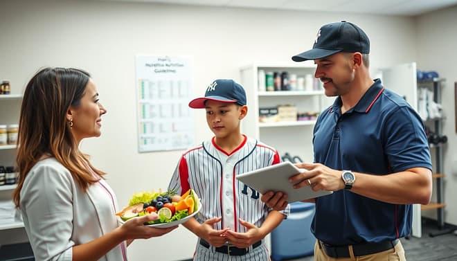 A professional sports nutritionist and a physical therapist are engaged in a consultation with a young baseball player in a well-lit clinic. In the foreground, the nutritionist, a woman in professional attire, is holding a colorful plate of healthy foods, while the therapist, a man in a smart polo shirt, uses a tablet to show relevant sports data. The young player, dressed in a baseball jersey and cap, looks interested and attentive. In the middle ground, a poster of baseball nutrition guidelines is visible on the wall, adding context. The background features shelves with sports supplements and therapy equipment. The lighting is bright and natural, evoking a positive and encouraging atmosphere, suitable for fostering discussion about nutrition and physical therapy for young athletes. A professional sports nutritionist and a physical therapist are engaged in a consultation with a young baseball player in a well-lit clinic. In the foreground, the nutritionist, a woman in professional attire, is holding a colorful plate of healthy foods, while the therapist, a man in a smart polo shirt, uses a tablet to show relevant sports data. The young player, dressed in a baseball jersey and cap, looks interested and attentive. In the middle ground, a poster of baseball nutrition guidelines is visible on the wall, adding context. The background features shelves with sports supplements and therapy equipment. The lighting is bright and natural, evoking a positive and encouraging atmosphere, suitable for fostering discussion about nutrition and physical therapy for young athletes.