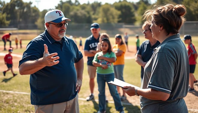 A scene depicting youth baseball coaches engaged in an open discussion with attentive parents. In the foreground, two coaches, a middle-aged man in a Texas Rangers cap and a woman in a polo shirt, are gesturing enthusiastically while providing advice. The middle ground features several parents, diverse in age and ethnicity, listening intently, some taking notes. The background shows a baseball field with kids practicing, sunlight casting a warm glow across the scene. Use natural lighting to create an inviting atmosphere. Capture the moment from a slightly elevated angle, emphasizing both the coaches’ expressions and the parents’ focus, portraying a sense of community and collaboration in youth sports. A scene depicting youth baseball coaches engaged in an open discussion with attentive parents. In the foreground, two coaches, a middle-aged man in a Texas Rangers cap and a woman in a polo shirt, are gesturing enthusiastically while providing advice. The middle ground features several parents, diverse in age and ethnicity, listening intently, some taking notes. The background shows a baseball field with kids practicing, sunlight casting a warm glow across the scene. Use natural lighting to create an inviting atmosphere. Capture the moment from a slightly elevated angle, emphasizing both the coaches’ expressions and the parents’ focus, portraying a sense of community and collaboration in youth sports.