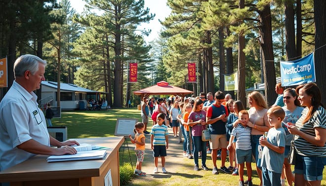 A serene camp registration scene set in a well-organized outdoor environment. In the foreground, a friendly camp counselor stands at an information desk, dressed in a professional shirt and name tag, engaging with families waiting in line. Children and parents are depicted in modest casual clothing, holding registration forms and payment options like checks or credit cards. In the middle ground, a well-defined queue of eager families showcases diverse groups, each involved in discussions about waitlists and deadlines. The background features a welcoming camp entrance, surrounded by tall trees and banners advertising the camp's offerings. Bright, warm lighting filters through the trees, creating a cheerful atmosphere, with a focus on cooperation and excitement for the upcoming camp experience. A clear sky above enhances the peace and anticipation of the registration process.