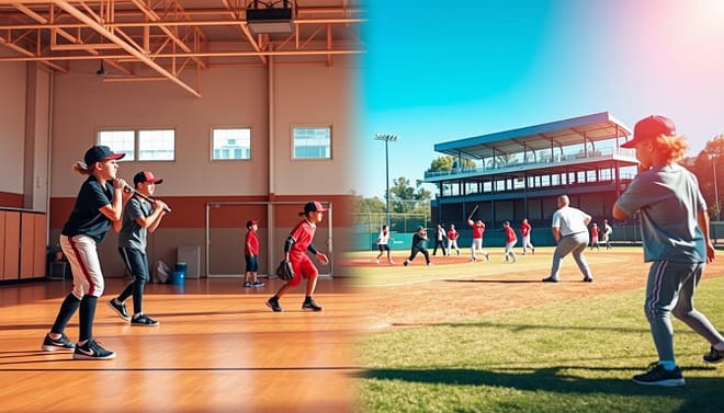 A split image comparing indoor and outdoor baseball tryout scenarios. In the foreground, a well-organized indoor gym setting with young athletes practicing their skills, wearing professional athletic gear. In the middle, a sunny outdoor baseball field with players engaged in drills, showcasing various techniques and teamwork under a clear blue sky. In the background, visuals of the two environments subtly blend, highlighting key differences in equipment and coaching styles. Use warm lighting to create an energetic atmosphere, capturing the excitement of tryouts. A dynamic angle, perhaps from above or slightly tilted, emphasizes movement and engagement, evoking a sense of determination and preparation for aspiring young baseball players. A split image comparing indoor and outdoor baseball tryout scenarios. In the foreground, a well-organized indoor gym setting with young athletes practicing their skills, wearing professional athletic gear. In the middle, a sunny outdoor baseball field with players engaged in drills, showcasing various techniques and teamwork under a clear blue sky. In the background, visuals of the two environments subtly blend, highlighting key differences in equipment and coaching styles. Use warm lighting to create an energetic atmosphere, capturing the excitement of tryouts. A dynamic angle, perhaps from above or slightly tilted, emphasizes movement and engagement, evoking a sense of determination and preparation for aspiring young baseball players.
