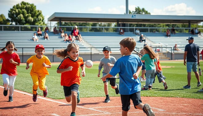 A vibrant baseball field bustling with activity, featuring a group of diverse children aged 8-12 engaged in team-building games. In the foreground, a pair of kids in colorful team uniforms enthusiastically participate in a relay race, passing a baseball as they sprint. The middle includes a group of children gathered around a batting practice station, focusing intently on accuracy drills, their expressions showing determination and joy. In the background, a sunny sky casts warm light over the scene, with cheering parents seated on bleachers, creating a supportive atmosphere. The image reflects a fun and energetic mood, capturing the spirit of teamwork and confidence-building in an outdoor academy setting. A vibrant baseball field bustling with activity, featuring a group of diverse children aged 8-12 engaged in team-building games. In the foreground, a pair of kids in colorful team uniforms enthusiastically participate in a relay race, passing a baseball as they sprint. The middle includes a group of children gathered around a batting practice station, focusing intently on accuracy drills, their expressions showing determination and joy. In the background, a sunny sky casts warm light over the scene, with cheering parents seated on bleachers, creating a supportive atmosphere. The image reflects a fun and energetic mood, capturing the spirit of teamwork and confidence-building in an outdoor academy setting.