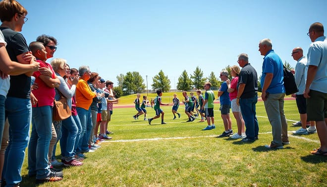 A vibrant scene depicting a youth sports game on a sunny day, focusing on the sideline filled with supportive parents and coaches. In the foreground, a diverse group of parents, dressed in casual yet modest sports attire, enthusiastically cheering and communicating with gestures. In the middle ground, young athletes are engaged in a spirited match, emphasizing teamwork and determination. The background features a bright blue sky and a well-maintained grassy field, with a few trees lining the edges. Capture the joyful, positive atmosphere, using warm, natural lighting to enhance the feeling of community support. A slight angle from below, giving the viewer the feeling of being part of the excitement while maintaining a clear view of the actions taking place. A vibrant scene depicting a youth sports game on a sunny day, focusing on the sideline filled with supportive parents and coaches. In the foreground, a diverse group of parents, dressed in casual yet modest sports attire, enthusiastically cheering and communicating with gestures. In the middle ground, young athletes are engaged in a spirited match, emphasizing teamwork and determination. The background features a bright blue sky and a well-maintained grassy field, with a few trees lining the edges. Capture the joyful, positive atmosphere, using warm, natural lighting to enhance the feeling of community support. A slight angle from below, giving the viewer the feeling of being part of the excitement while maintaining a clear view of the actions taking place.