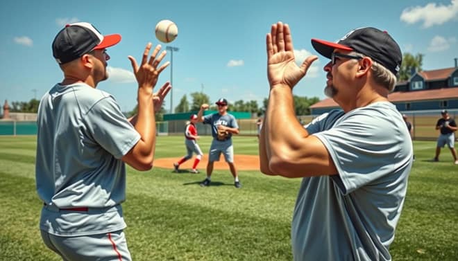 A vibrant scene of an outfield communication drill at a baseball hitting clinic. In the foreground, two adult players in modest athletic clothing positioned to catch a high fly ball, demonstrating teamwork and focused expressions. The middle layer features a coach gesturing enthusiastically, providing instruction on outfield skills, while another group of players practices their routes in the background, showcasing dynamic movements and concentration. The setting is a sunlit baseball field, highlighted by clear skies and the brilliant green of the grass, creating an energetic atmosphere. The image is captured with a slight low angle to emphasize the athletes' determination, with natural lighting enhancing the vivid colors of the scene, evoking a sense of training excellence and camaraderie. A vibrant scene of an outfield communication drill at a baseball hitting clinic. In the foreground, two adult players in modest athletic clothing positioned to catch a high fly ball, demonstrating teamwork and focused expressions. The middle layer features a coach gesturing enthusiastically, providing instruction on outfield skills, while another group of players practices their routes in the background, showcasing dynamic movements and concentration. The setting is a sunlit baseball field, highlighted by clear skies and the brilliant green of the grass, creating an energetic atmosphere. The image is captured with a slight low angle to emphasize the athletes' determination, with natural lighting enhancing the vivid colors of the scene, evoking a sense of training excellence and camaraderie.