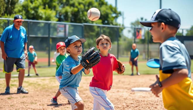 A vibrant, sunny day at a youth baseball academy, with young players engaging in infield practice drills. In the foreground, several children in colorful jerseys and baseball caps focus intently on fielding grounders, their gloves poised for action. One child is demonstrating a backhand technique, while another prepares to catch a fly ball soaring overhead. In the middle ground, coaches offer guidance, emphasizing technique, and supporting teamwork. The background features a well-maintained baseball diamond, complete with lush green grass and bases set up for practice. Bright daylight casts soft shadows, enhancing the summer atmosphere, while the lens captures the dynamic movement and expressions of concentration on the players' faces. The overall mood is energetic and encouraging, encapsulating the essence of youth sports learning. A vibrant, sunny day at a youth baseball academy, with young players engaging in infield practice drills. In the foreground, several children in colorful jerseys and baseball caps focus intently on fielding grounders, their gloves poised for action. One child is demonstrating a backhand technique, while another prepares to catch a fly ball soaring overhead. In the middle ground, coaches offer guidance, emphasizing technique, and supporting teamwork. The background features a well-maintained baseball diamond, complete with lush green grass and bases set up for practice. Bright daylight casts soft shadows, enhancing the summer atmosphere, while the lens captures the dynamic movement and expressions of concentration on the players' faces. The overall mood is energetic and encouraging, encapsulating the essence of youth sports learning.