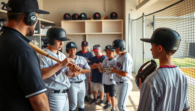A well-lit baseball hitting clinic featuring a diverse group of players in professional athletic wear, receiving proper equipment fitting. In the foreground, a coach demonstrates how to adjust a bat for optimal grip while a young player attentively watches, holding a baseball glove. In the middle, several players of varying ages are trying on helmets and batting gloves, with a focused instructor guiding them. The background shows baseball equipment neatly organized on shelves, and training aids like batting tees and nets. Soft, natural lighting enhances the atmosphere, creating a warm and supportive environment focused on skill-building and care of equipment. The image captures the essence of baseball training with an emphasis on professionalism and preparation. A well-lit baseball hitting clinic featuring a diverse group of players in professional athletic wear, receiving proper equipment fitting. In the foreground, a coach demonstrates how to adjust a bat for optimal grip while a young player attentively watches, holding a baseball glove. In the middle, several players of varying ages are trying on helmets and batting gloves, with a focused instructor guiding them. The background shows baseball equipment neatly organized on shelves, and training aids like batting tees and nets. Soft, natural lighting enhances the atmosphere, creating a warm and supportive environment focused on skill-building and care of equipment. The image captures the essence of baseball training with an emphasis on professionalism and preparation.