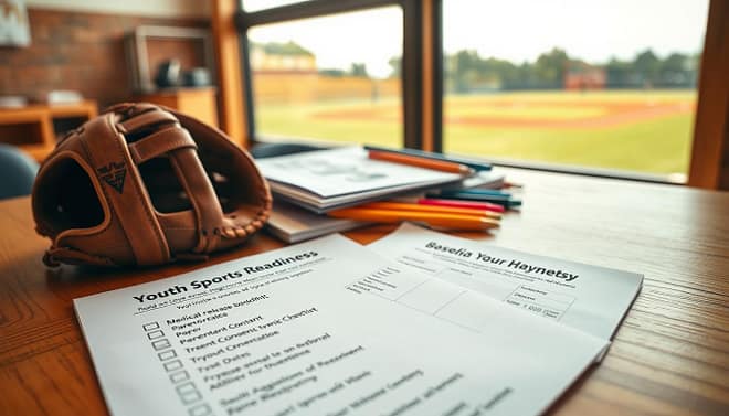 A well-organized youth sports readiness checklist resting on a wooden desk, surrounded by neatly arranged registration forms and a baseball glove. The checklist should be prominently displayed in the foreground, featuring bullet points like "Medical Release," "Parent Consent," and "Tryout Dates," all clearly legible. In the middle, a soft-focus area with a stack of printed forms and vibrant colored pens. In the background, a softly blurred baseball field can be seen through a window, bathing the room in natural daylight, creating an energetic and inviting atmosphere. The mood should be hopeful and inspiring, ready for future athletes. The image should have a warm, inviting color palette, with an angle that captures the scene from a slight overhead perspective, emphasizing the organization and readiness conveyed by the checklist. A well-organized youth sports readiness checklist resting on a wooden desk, surrounded by neatly arranged registration forms and a baseball glove. The checklist should be prominently displayed in the foreground, featuring bullet points like "Medical Release," "Parent Consent," and "Tryout Dates," all clearly legible. In the middle, a soft-focus area with a stack of printed forms and vibrant colored pens. In the background, a softly blurred baseball field can be seen through a window, bathing the room in natural daylight, creating an energetic and inviting atmosphere. The mood should be hopeful and inspiring, ready for future athletes. The image should have a warm, inviting color palette, with an angle that captures the scene from a slight overhead perspective, emphasizing the organization and readiness conveyed by the checklist.